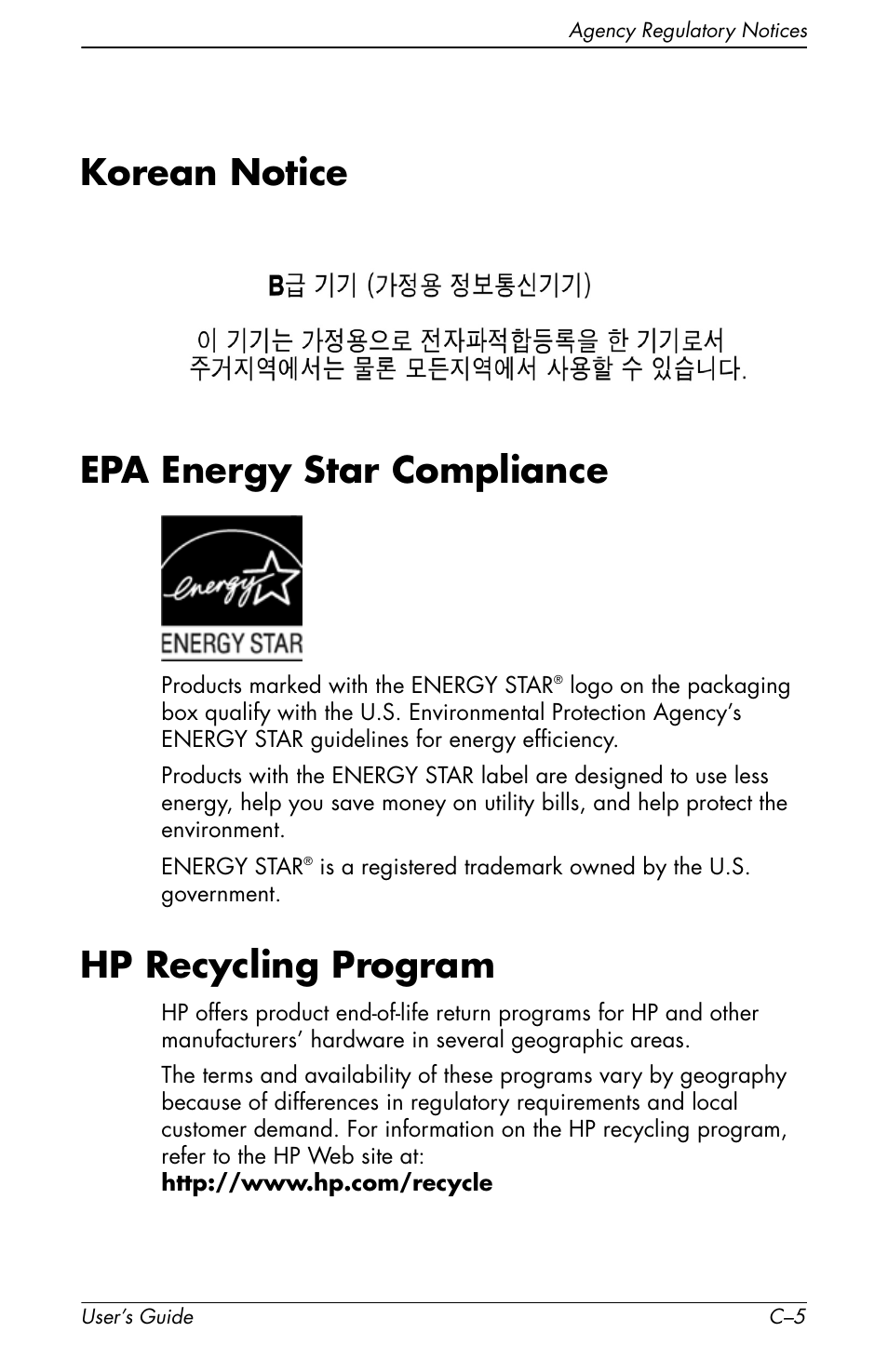 Korean notice, Epa energy star compliance, Hp recycling program | Korean notice epa energy star compliance | HP vs17x 17 inch LCD Monitor User Manual | Page 77 / 78