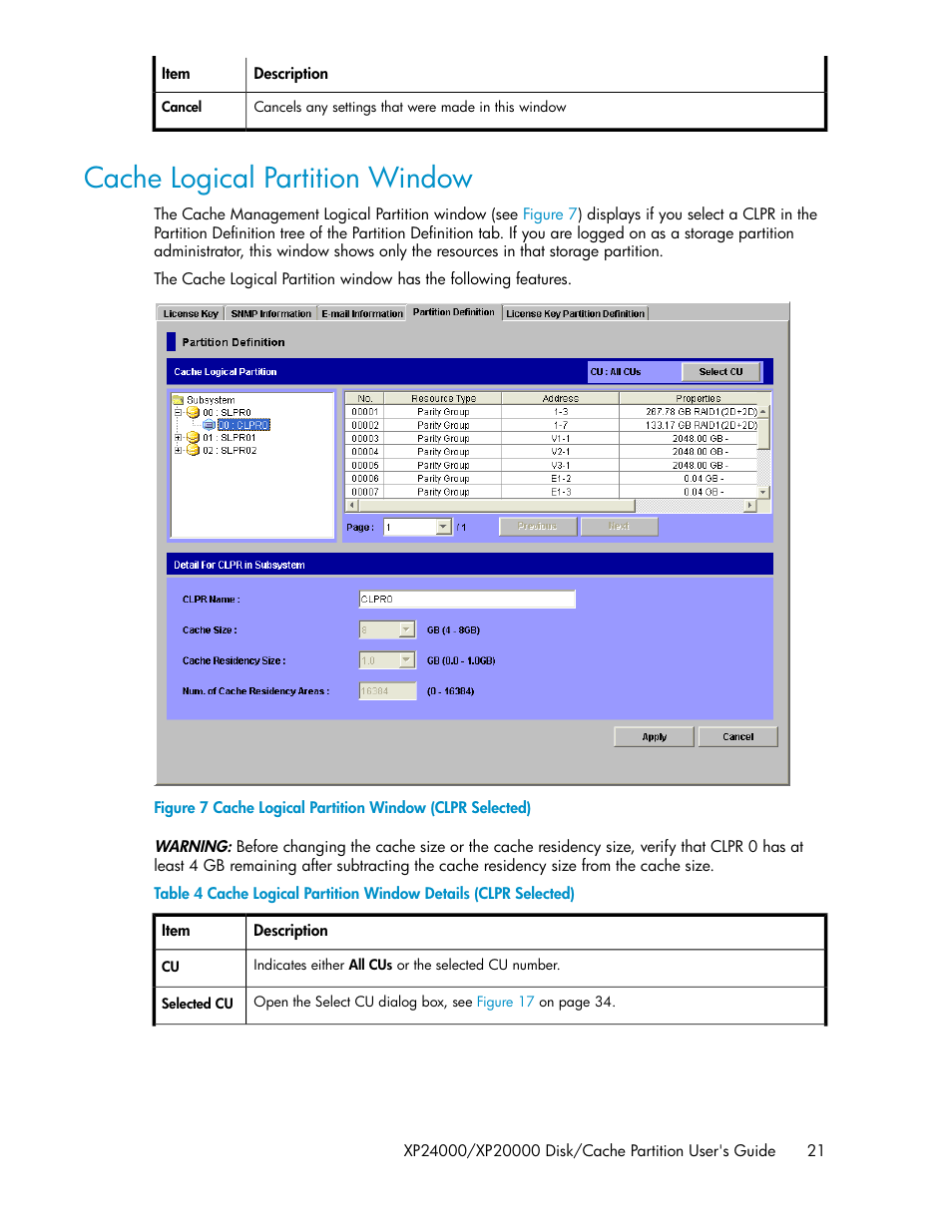 Cache logical partition window, Cache logical partition window (clpr selected) | HP StorageWorks XP Remote Web Console Software User Manual | Page 21 / 42