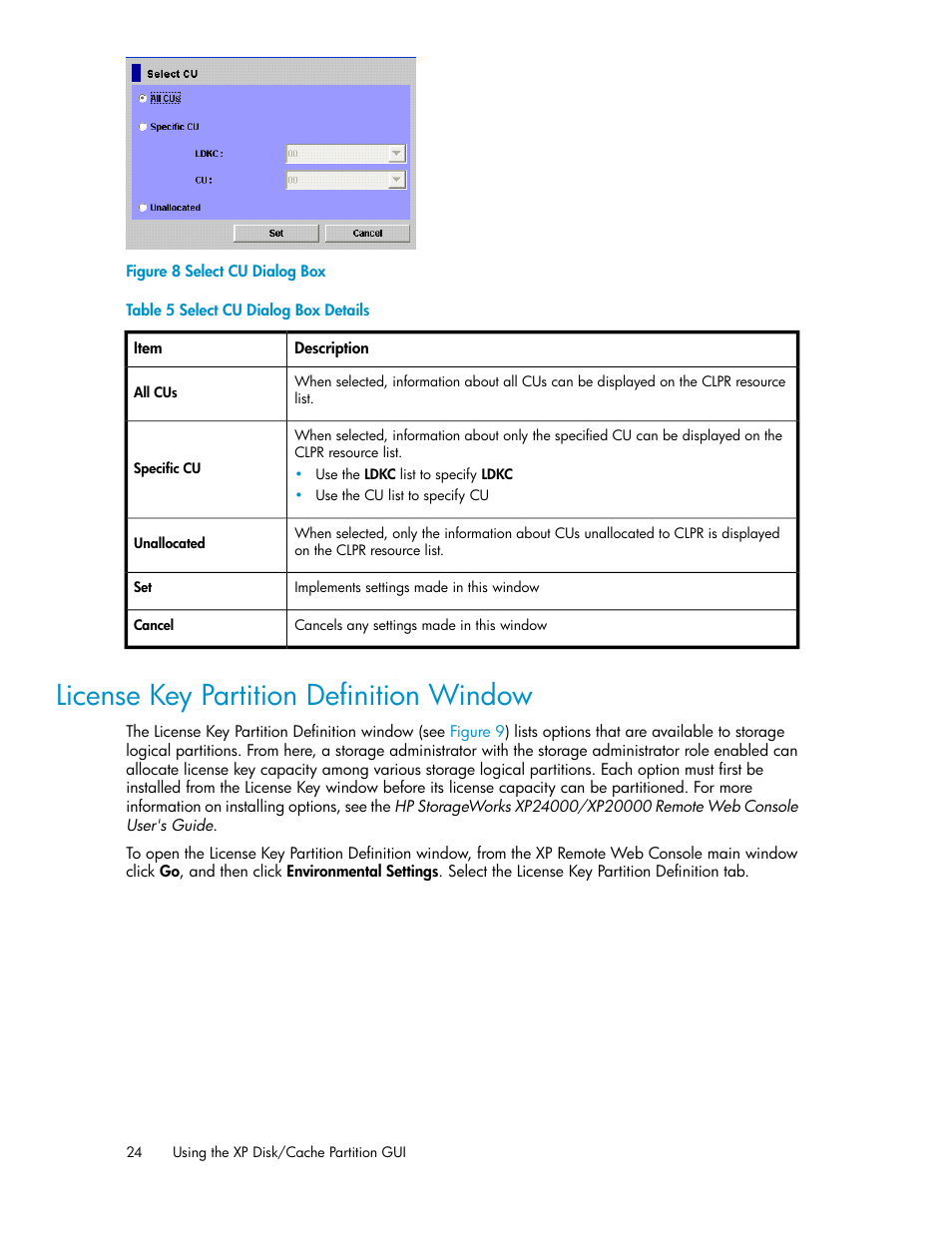 License key partition definition window, Select cu dialog box, Select cu dialog box details | License key partition, Definition window, Figure | HP StorageWorks XP Remote Web Console Software User Manual | Page 24 / 42