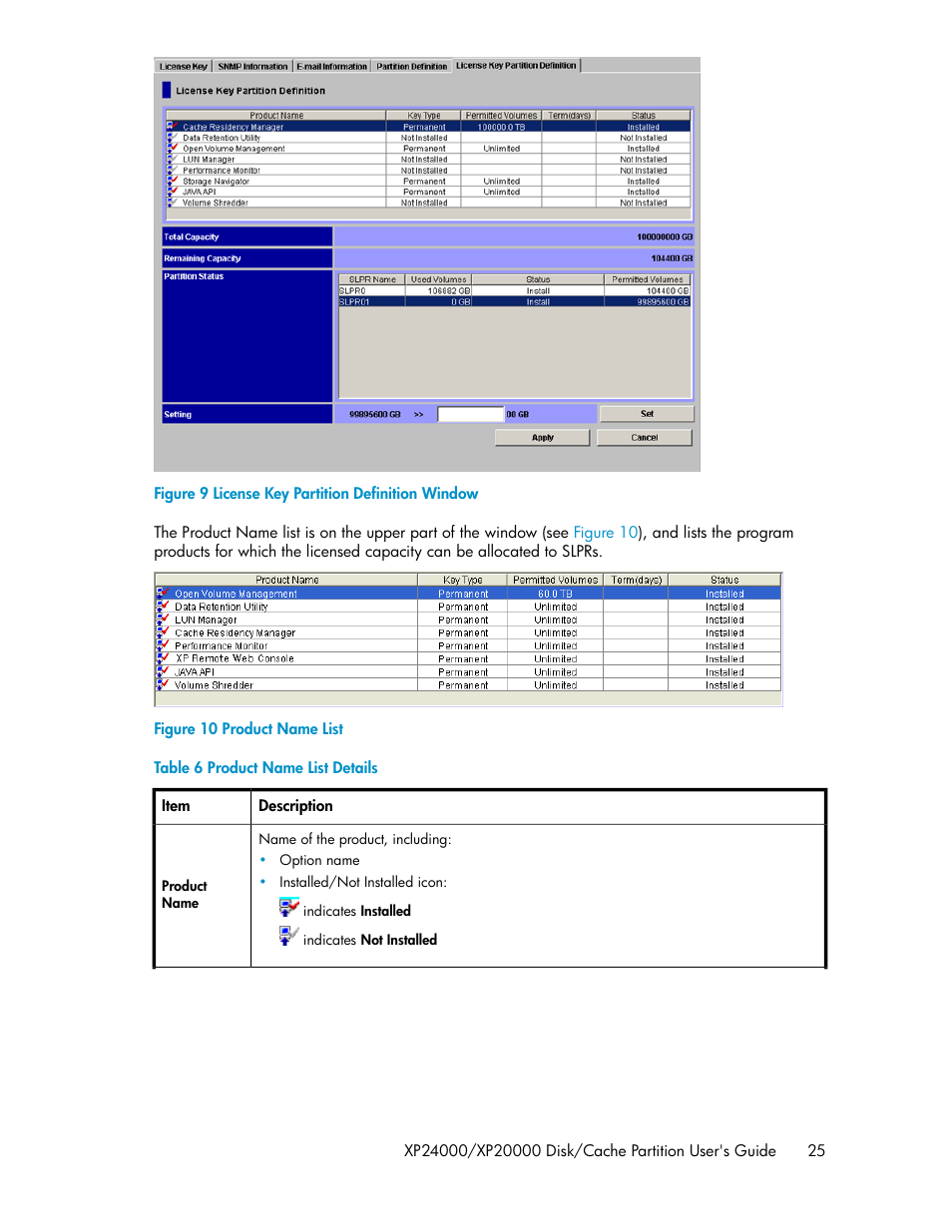 License key partition definition window, Product name list, Product name list details | HP StorageWorks XP Remote Web Console Software User Manual | Page 25 / 42