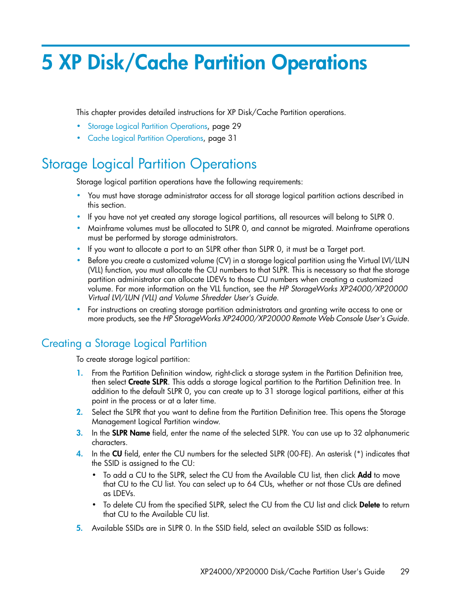 5 xp disk/cache partition operations, Storage logical partition operations, Creating a storage logical partition | Creating a storage logical, Partition | HP StorageWorks XP Remote Web Console Software User Manual | Page 29 / 42