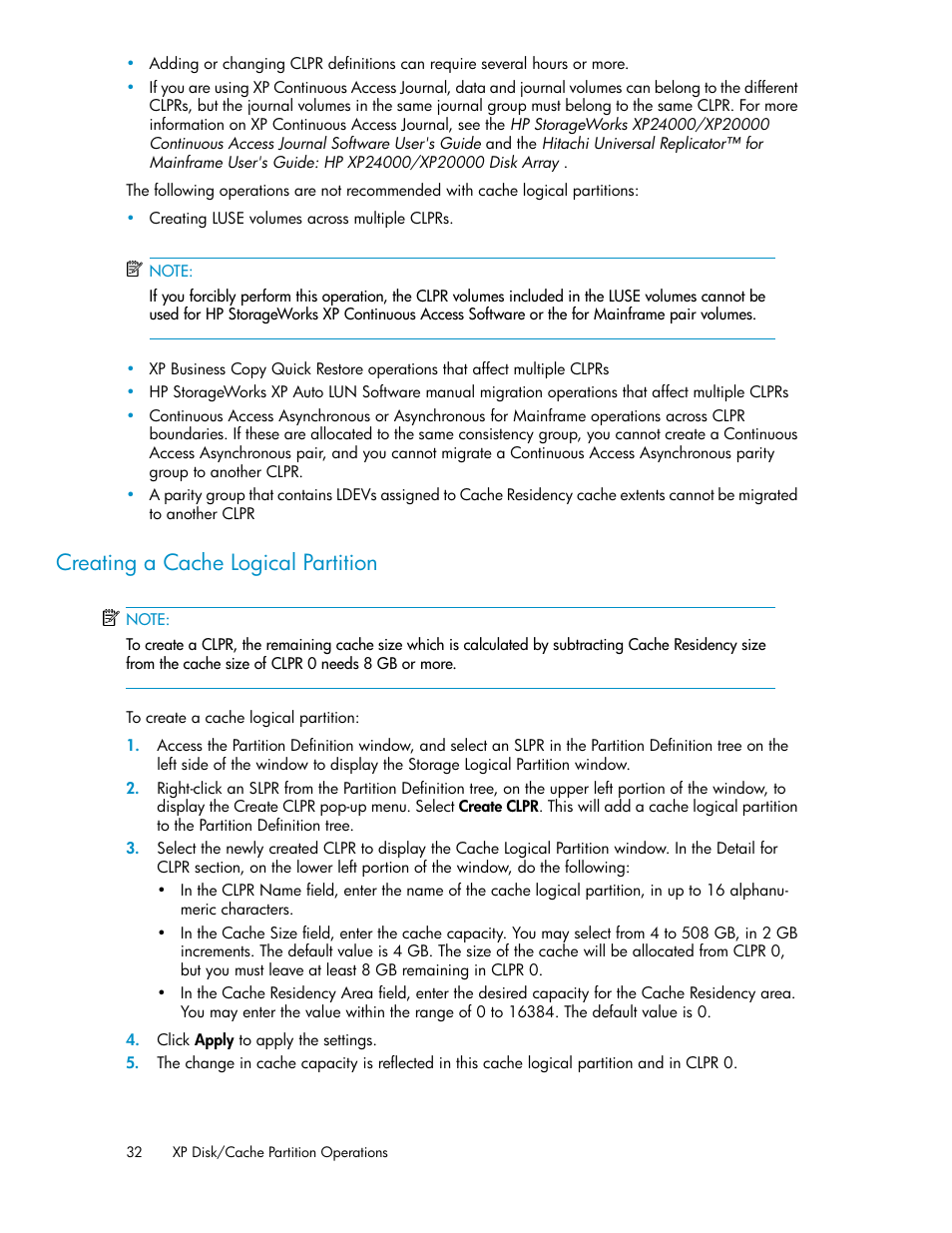 Creating a cache logical partition | HP StorageWorks XP Remote Web Console Software User Manual | Page 32 / 42