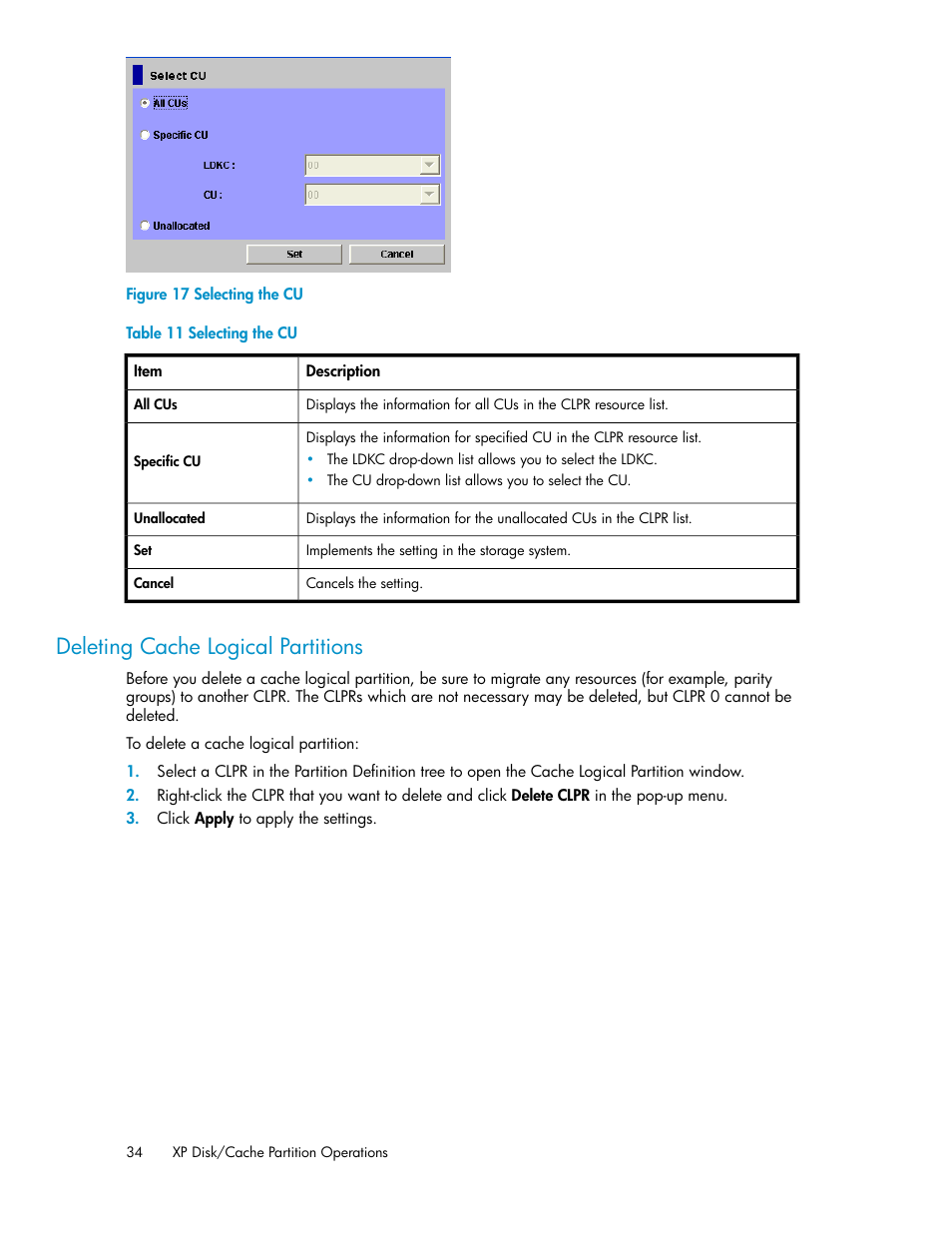 Deleting cache logical partitions, Selecting the cu, Figure 17 | HP StorageWorks XP Remote Web Console Software User Manual | Page 34 / 42
