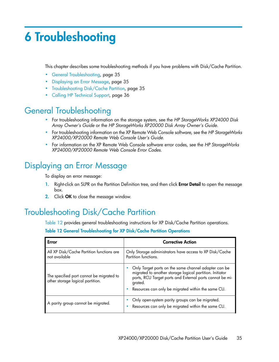 6 troubleshooting, General troubleshooting, Displaying an error message | Troubleshooting disk/cache partition, 35 displaying an error message, 35 troubleshooting disk/cache partition | HP StorageWorks XP Remote Web Console Software User Manual | Page 35 / 42