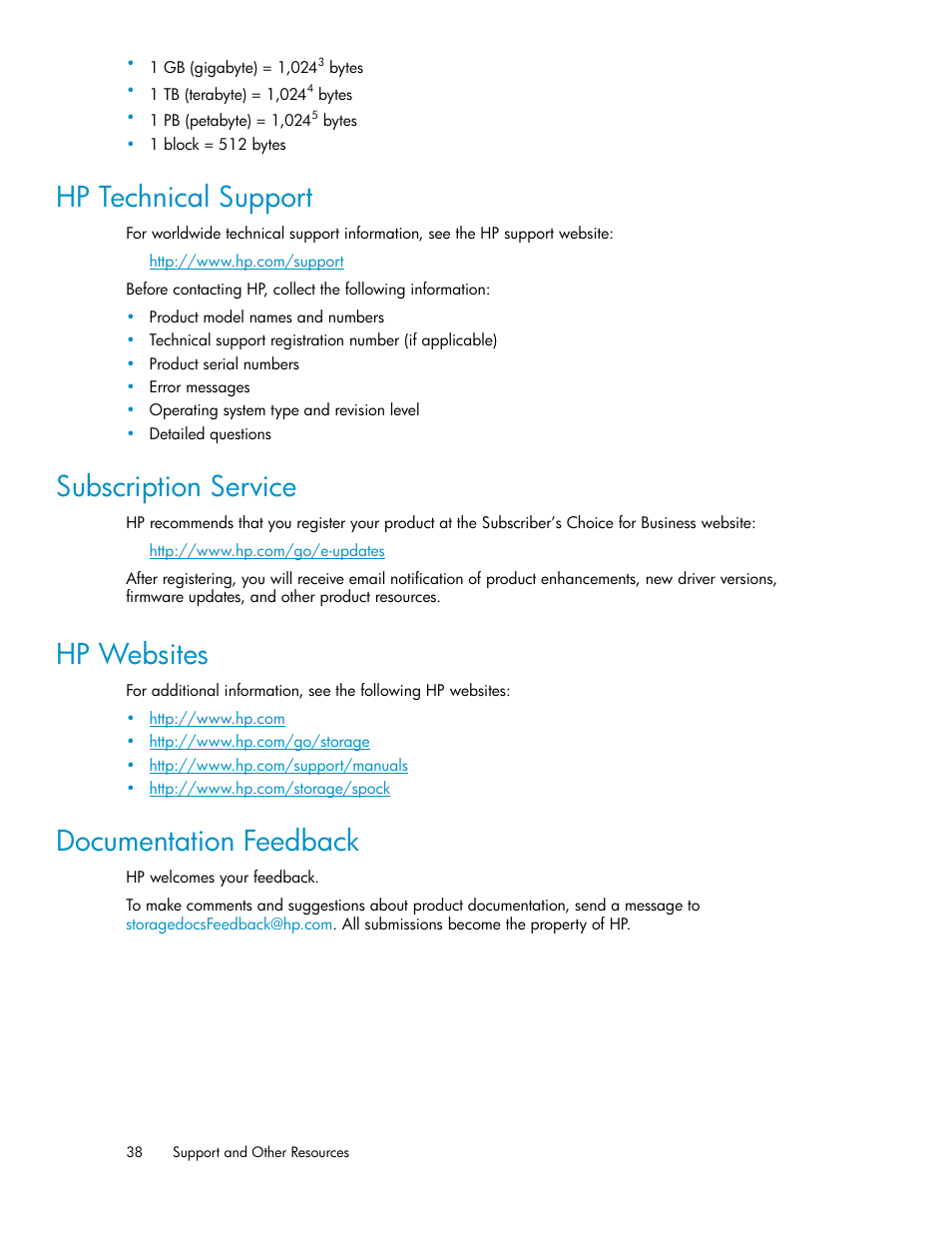 Hp technical support, Subscription service, Hp websites | Documentation feedback, 38 subscription service, 38 hp websites, 38 documentation feedback | HP StorageWorks XP Remote Web Console Software User Manual | Page 38 / 42