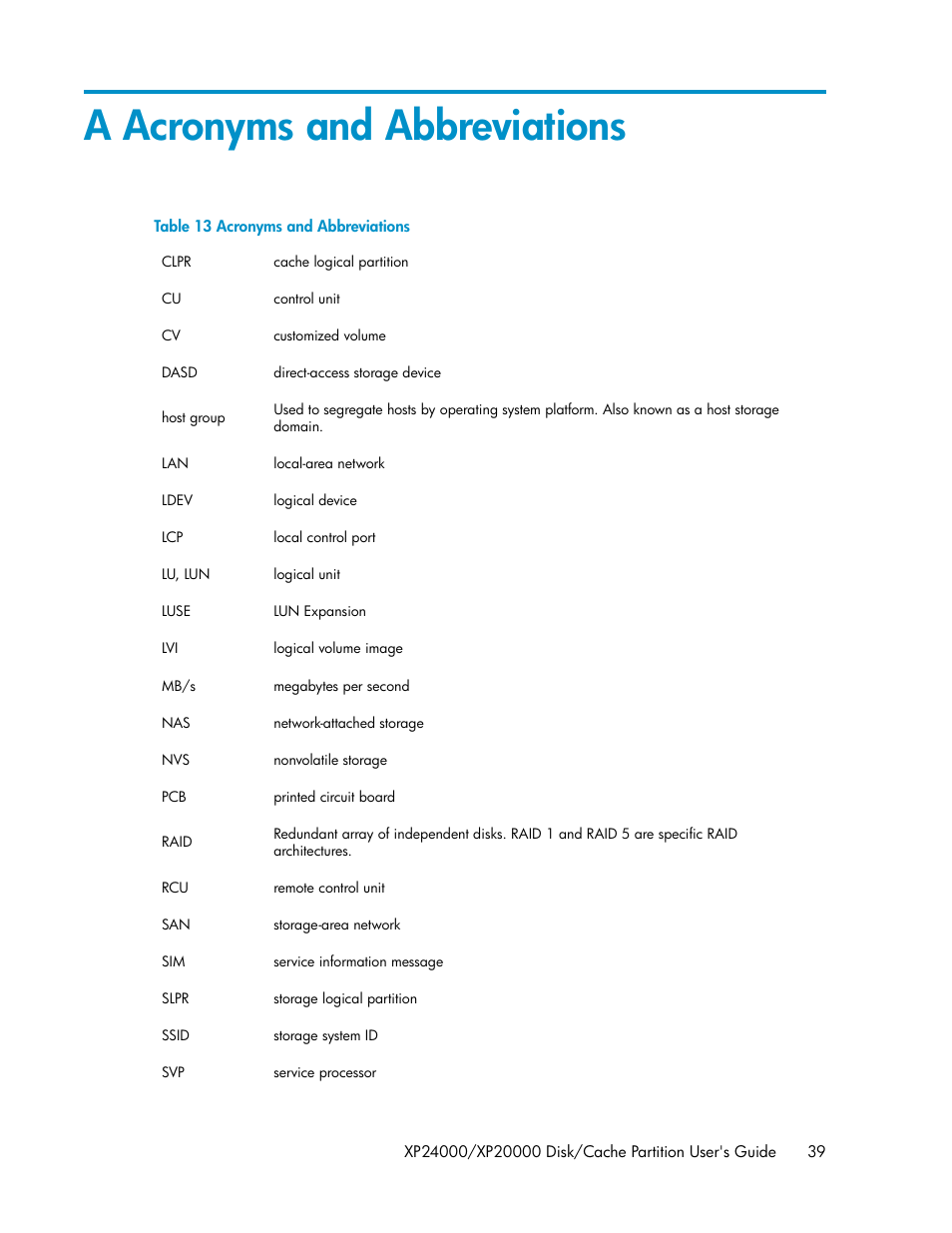 A acronyms and abbreviations, Acronyms and abbreviations | HP StorageWorks XP Remote Web Console Software User Manual | Page 39 / 42