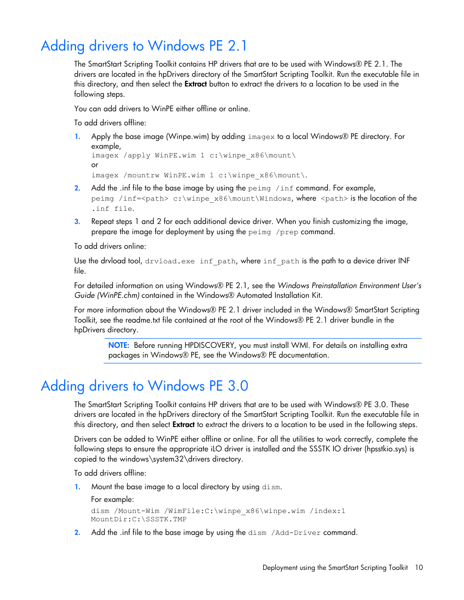 Adding drivers to windows pe 2.1, Adding drivers to windows pe 3.0 | HP Linux Server Management Software User Manual | Page 10 / 74