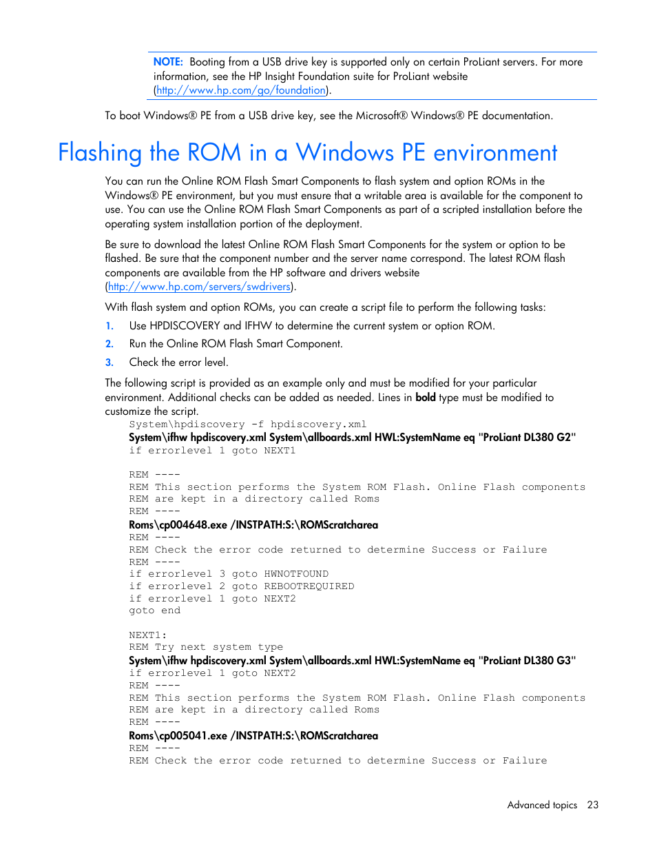 Flashing the rom in a windows pe environment | HP Linux Server Management Software User Manual | Page 23 / 74