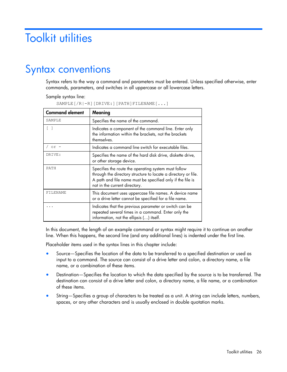 Toolkit utilities, Syntax conventions | HP Linux Server Management Software User Manual | Page 26 / 74