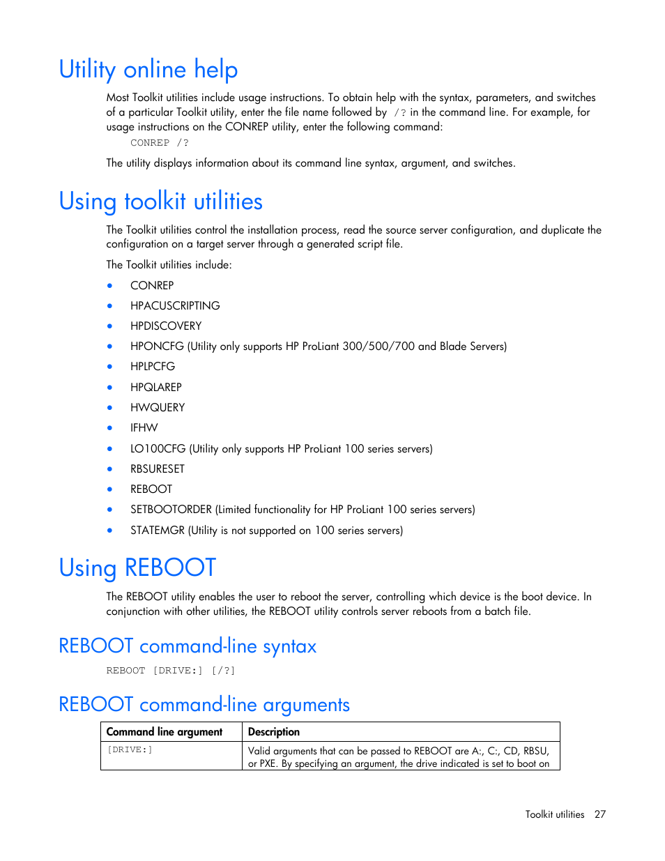 Utility online help, Using toolkit utilities, Using reboot | Reboot command-line syntax, Reboot command-line arguments | HP Linux Server Management Software User Manual | Page 27 / 74