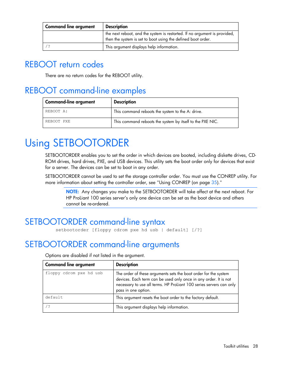 Reboot return codes, Reboot command-line examples, Using setbootorder | Setbootorder command-line syntax, Setbootorder command-line arguments, Reboot return codes reboot command-line examples | HP Linux Server Management Software User Manual | Page 28 / 74