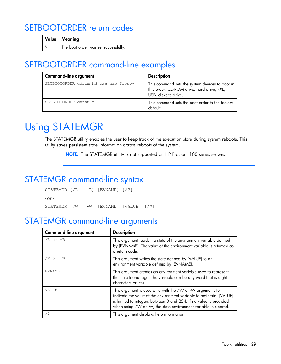 Setbootorder return codes, Setbootorder command-line examples, Using statemgr | Statemgr command-line syntax, Statemgr command-line arguments | HP Linux Server Management Software User Manual | Page 29 / 74