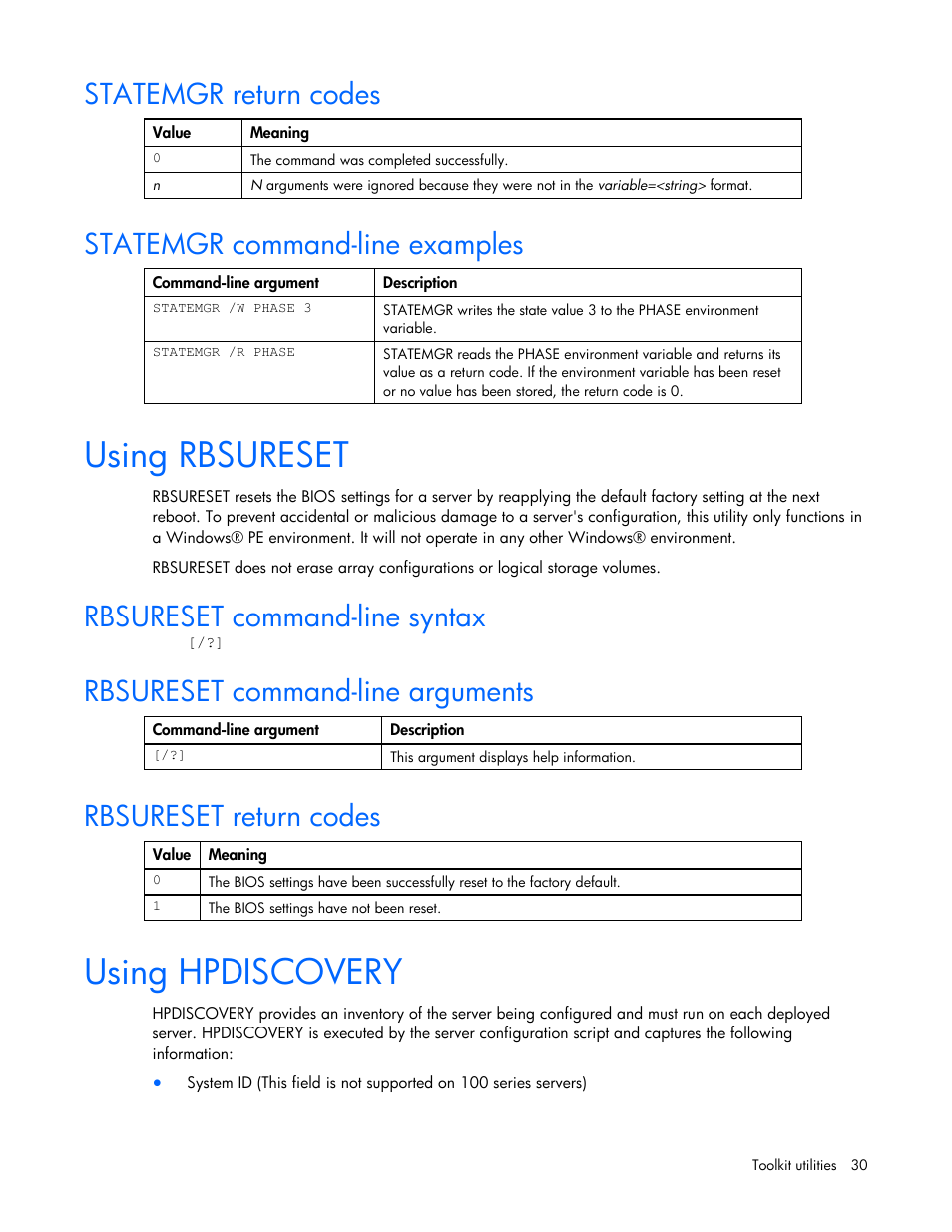 Statemgr return codes, Statemgr command-line examples, Using rbsureset | Rbsureset command-line syntax, Rbsureset command-line arguments, Rbsureset return codes, Using hpdiscovery | HP Linux Server Management Software User Manual | Page 30 / 74