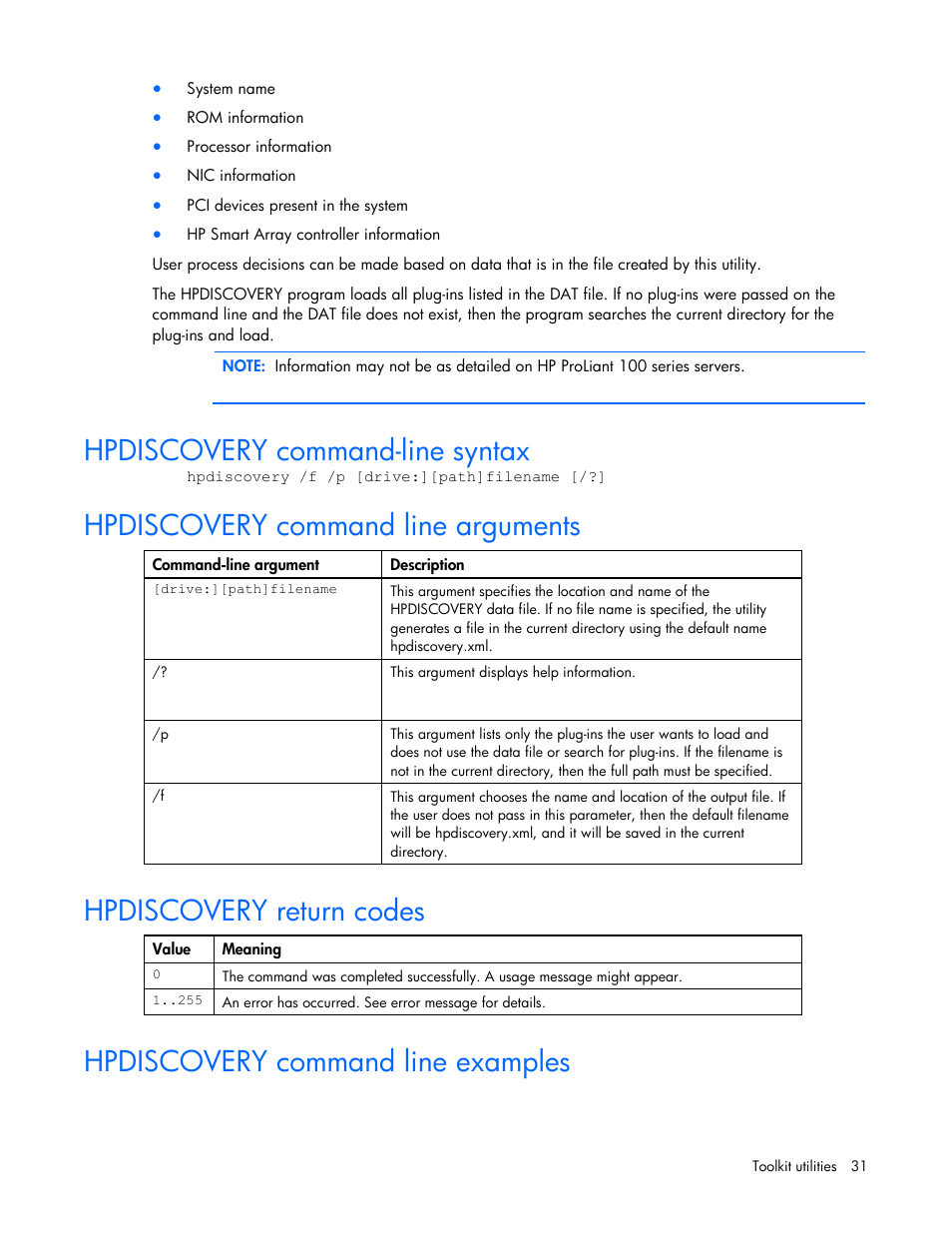 Hpdiscovery command-line syntax, Hpdiscovery command line arguments, Hpdiscovery return codes | Hpdiscovery command line examples | HP Linux Server Management Software User Manual | Page 31 / 74