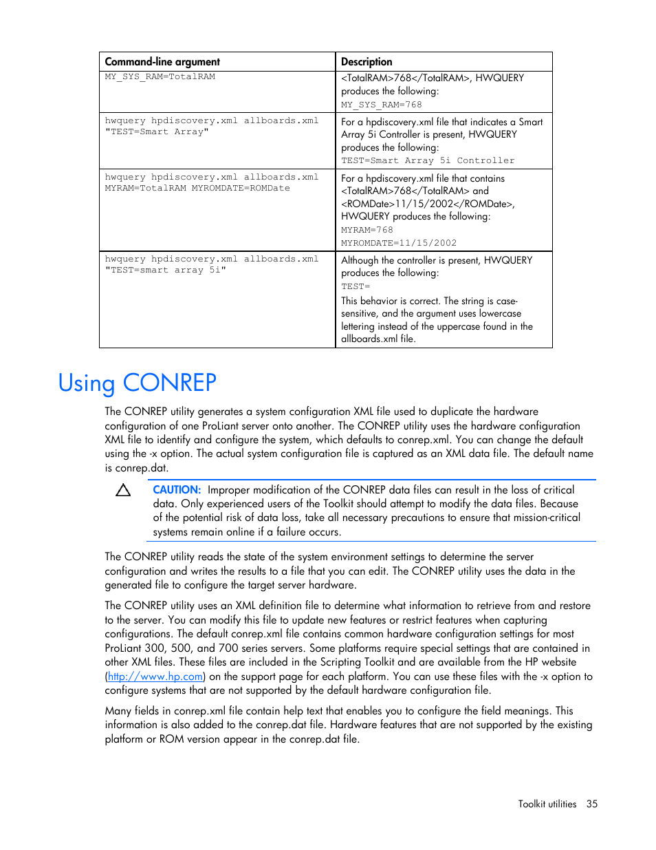 Using conrep | HP Linux Server Management Software User Manual | Page 35 / 74