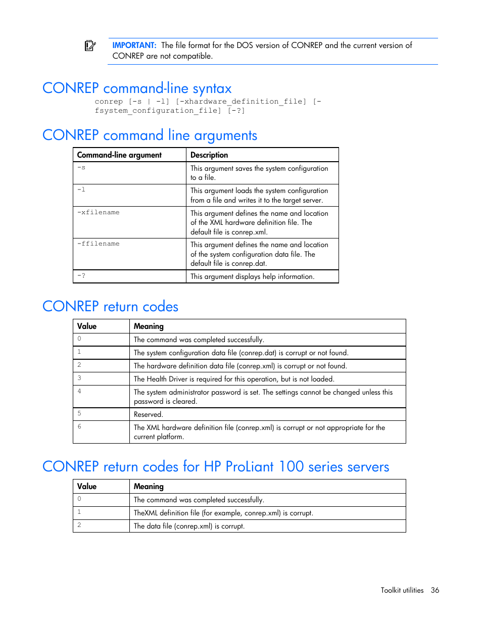 Conrep command-line syntax, Conrep command line arguments, Conrep return codes | HP Linux Server Management Software User Manual | Page 36 / 74