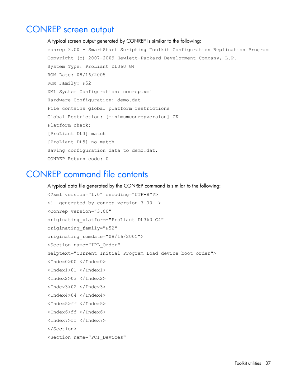 Conrep screen output, Conrep command file contents, Conrep screen output conrep command file contents | HP Linux Server Management Software User Manual | Page 37 / 74