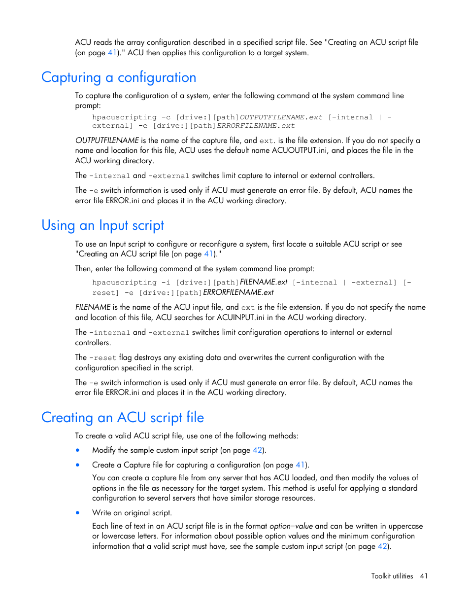 Capturing a configuration, Using an input script, Creating an acu script file | HP Linux Server Management Software User Manual | Page 41 / 74