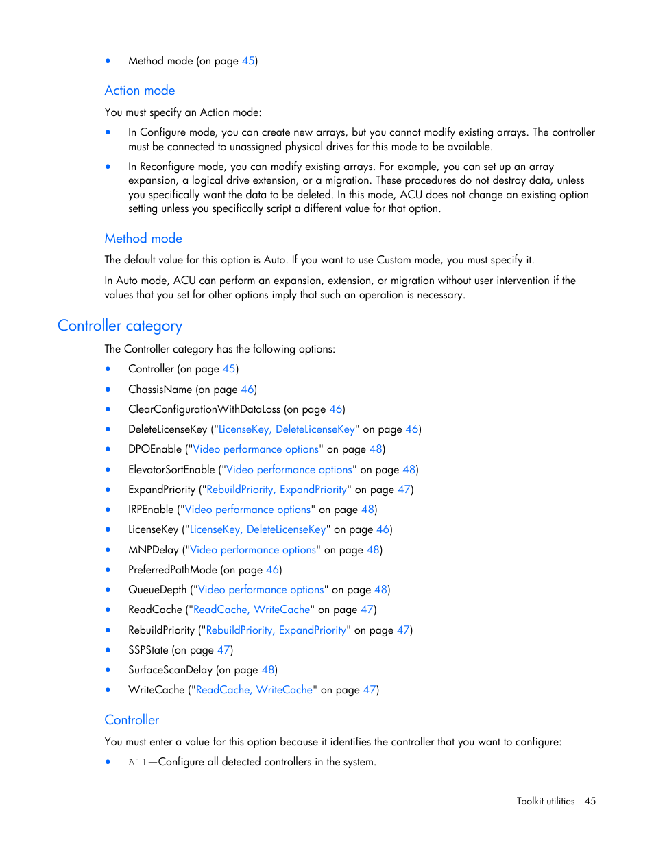 Action mode, Method mode, Controller category | Controller | HP Linux Server Management Software User Manual | Page 45 / 74