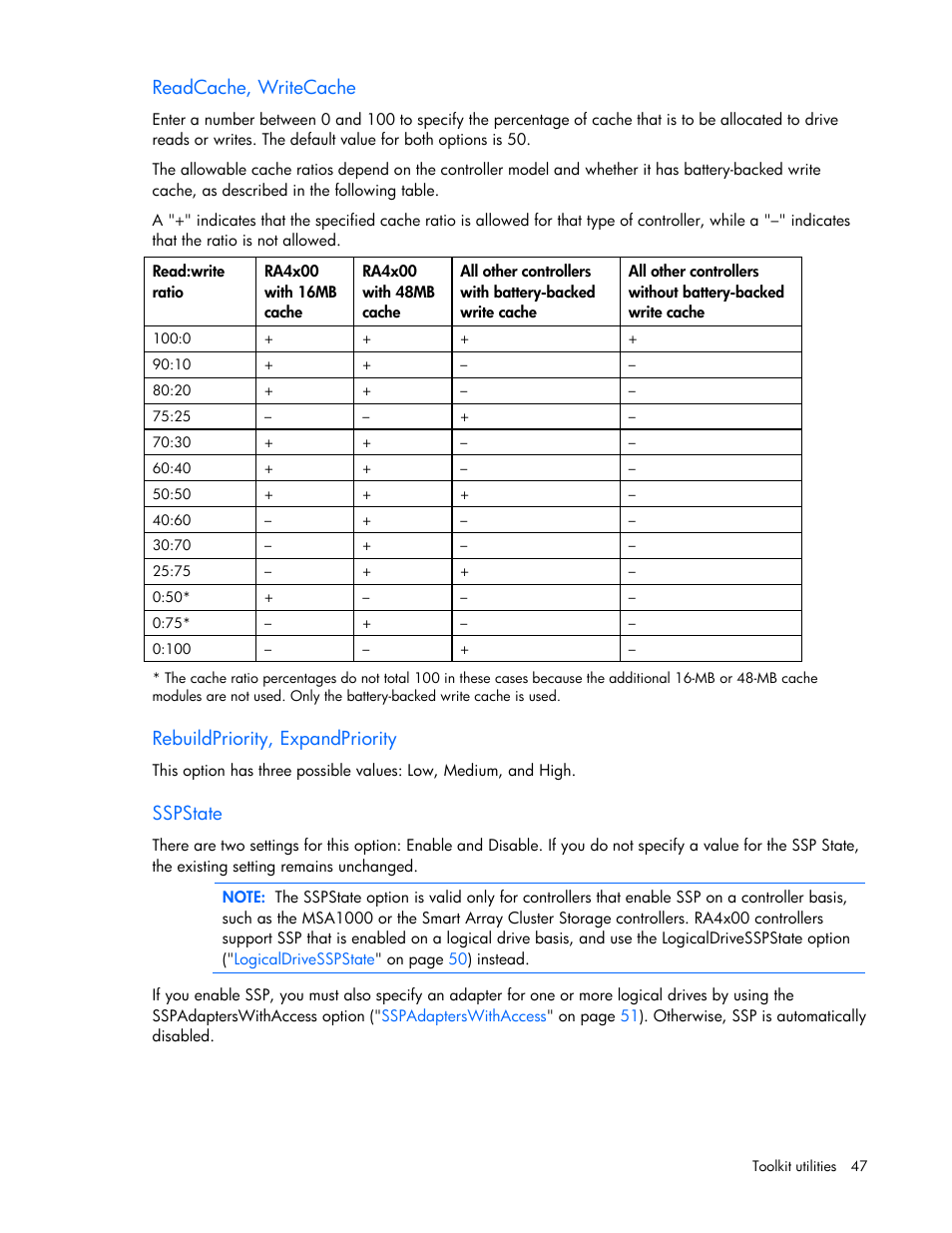 Readcache, writecache, Rebuildpriority, expandpriority, Sspstate | HP Linux Server Management Software User Manual | Page 47 / 74