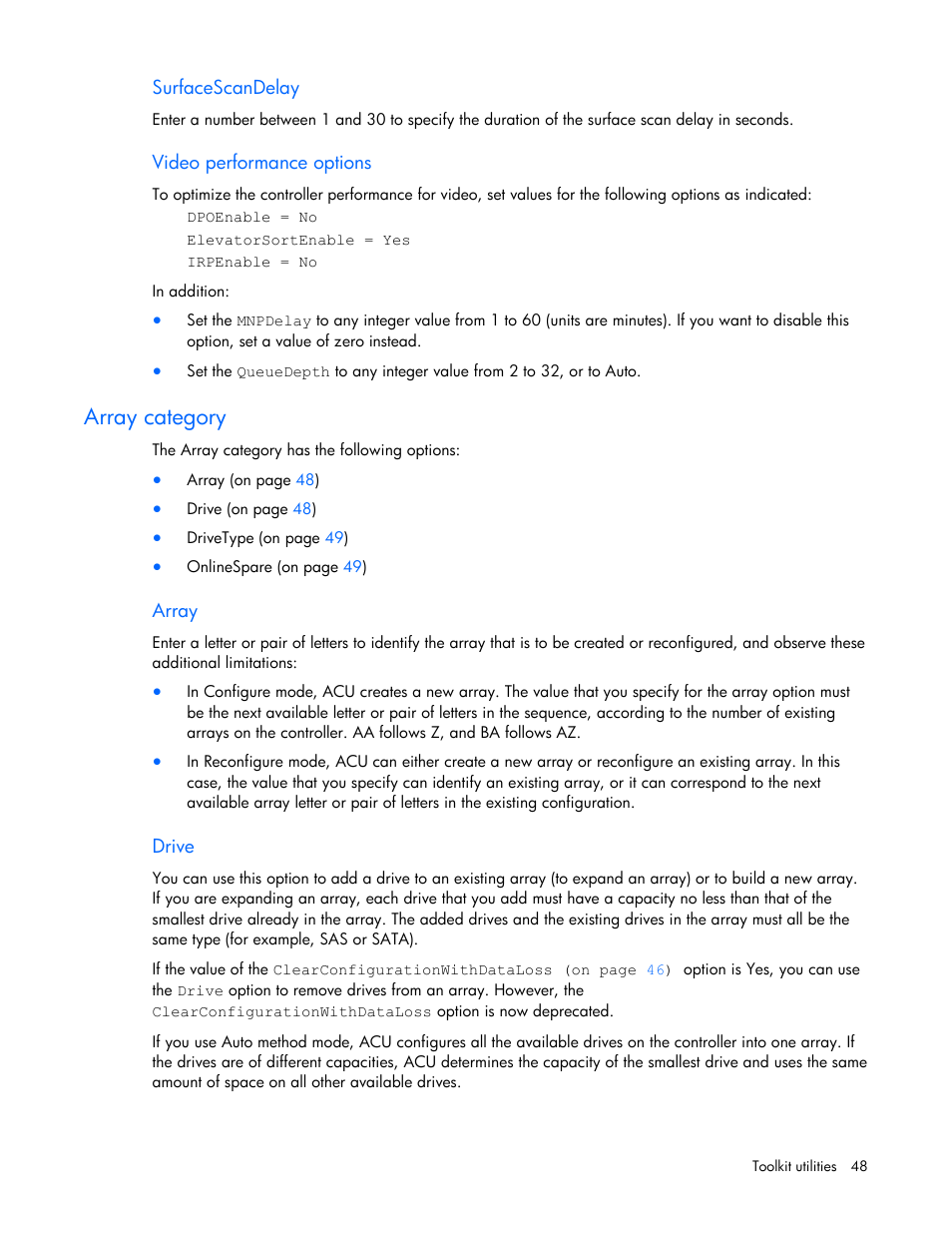 Surfacescandelay, Video performance options, Array category | Array, Drive | HP Linux Server Management Software User Manual | Page 48 / 74