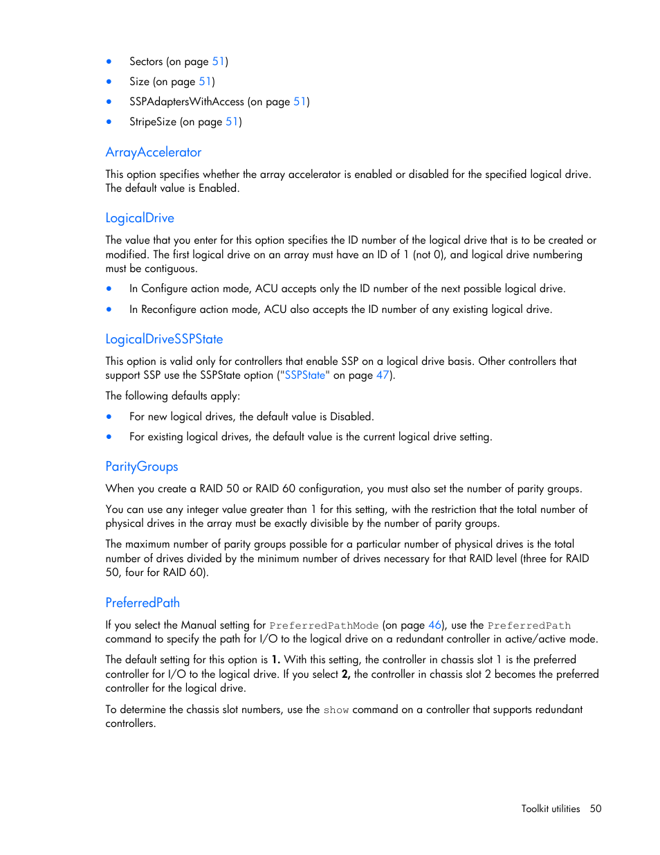 Arrayaccelerator, Logicaldrive, Logicaldrivesspstate | Paritygroups, Preferredpath | HP Linux Server Management Software User Manual | Page 50 / 74