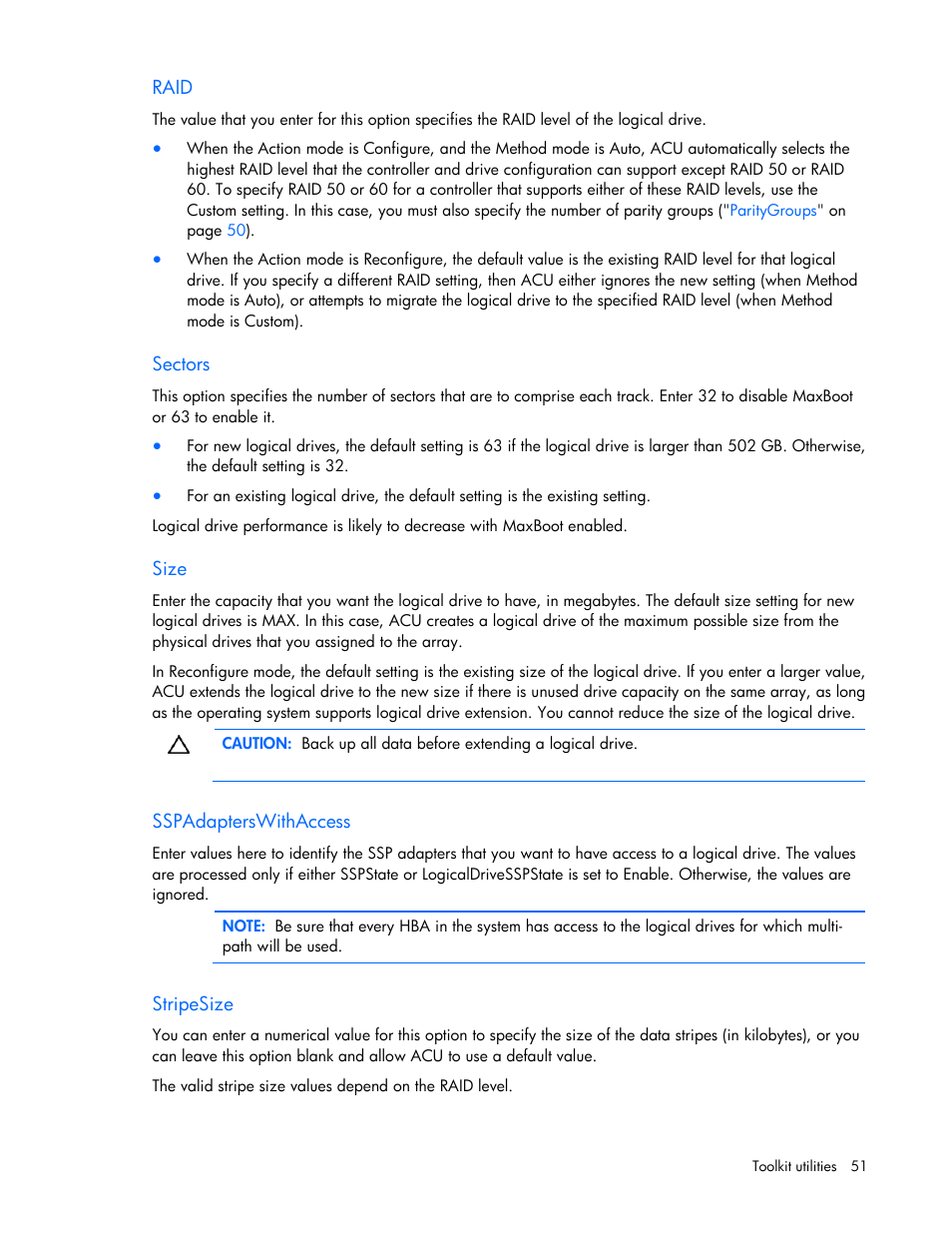 Raid, Sectors, Size | Sspadapterswithaccess, Stripesize | HP Linux Server Management Software User Manual | Page 51 / 74