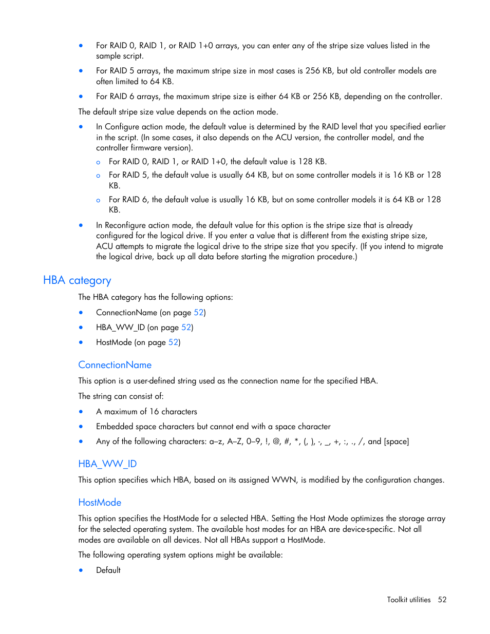 Hba category, Connectionname, Hba_ww_id | Hostmode | HP Linux Server Management Software User Manual | Page 52 / 74