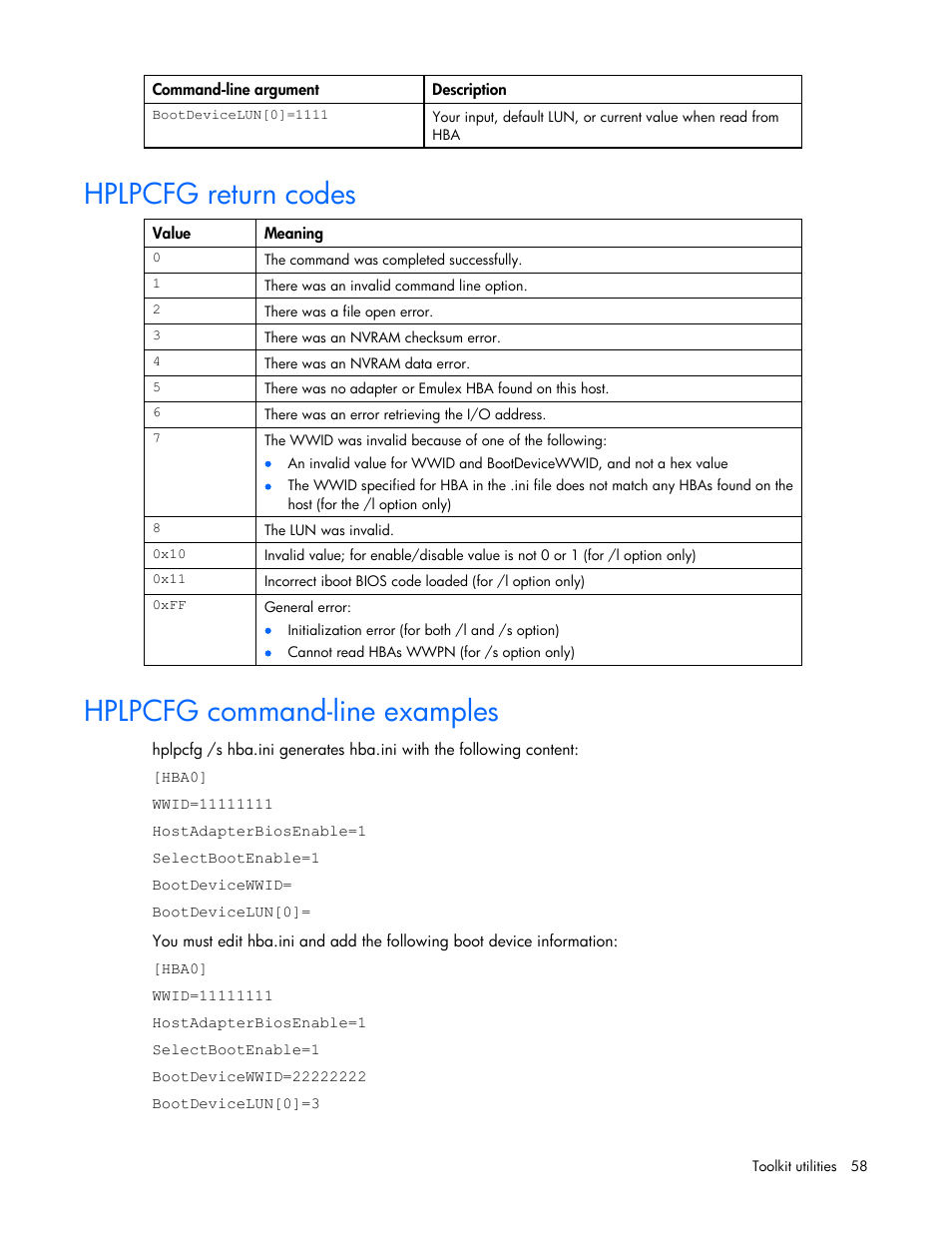 Hplpcfg return codes, Hplpcfg command-line examples, Hplpcfg return codes hplpcfg command-line examples | HP Linux Server Management Software User Manual | Page 58 / 74