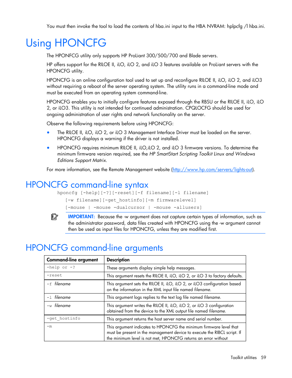 Using hponcfg, Hponcfg command-line syntax, Hponcfg command-line arguments | HP Linux Server Management Software User Manual | Page 59 / 74