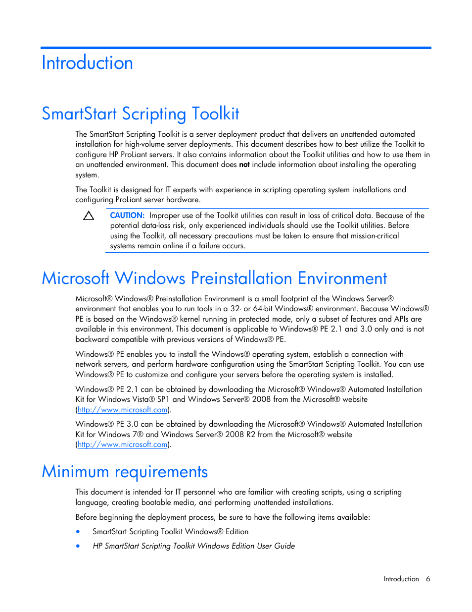 Introduction, Smartstart scripting toolkit, Microsoft windows preinstallation environment | Minimum requirements | HP Linux Server Management Software User Manual | Page 6 / 74