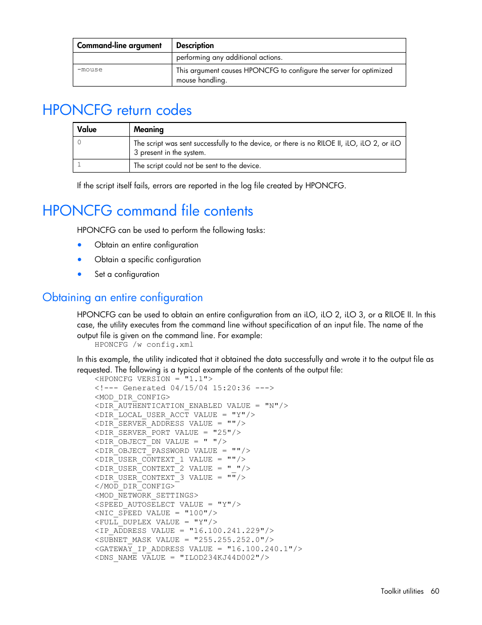 Hponcfg return codes, Hponcfg command file contents, Obtaining an entire configuration | Hponcfg return codes hponcfg command file contents | HP Linux Server Management Software User Manual | Page 60 / 74