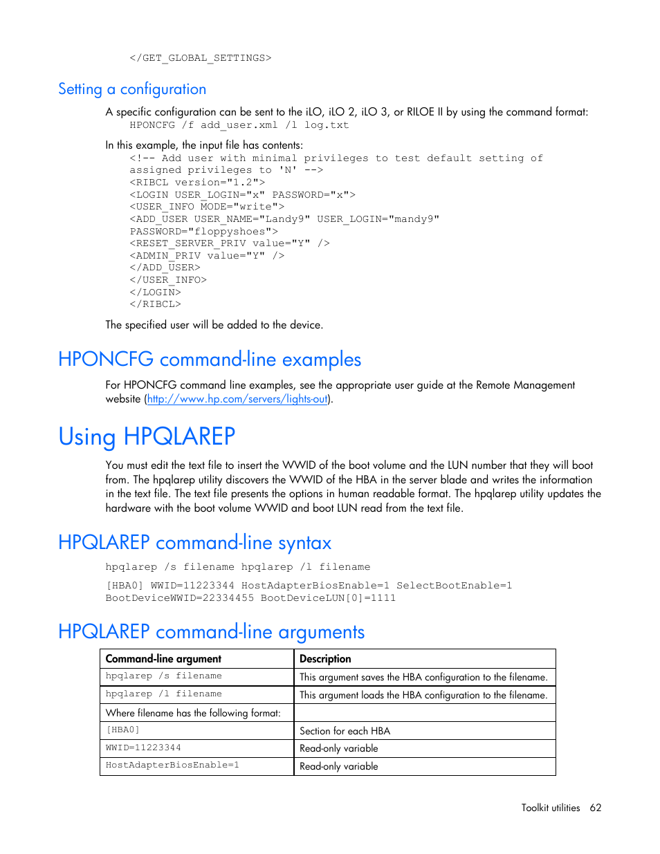 Setting a configuration, Hponcfg command-line examples, Using hpqlarep | Hpqlarep command-line syntax, Hpqlarep command-line arguments | HP Linux Server Management Software User Manual | Page 62 / 74