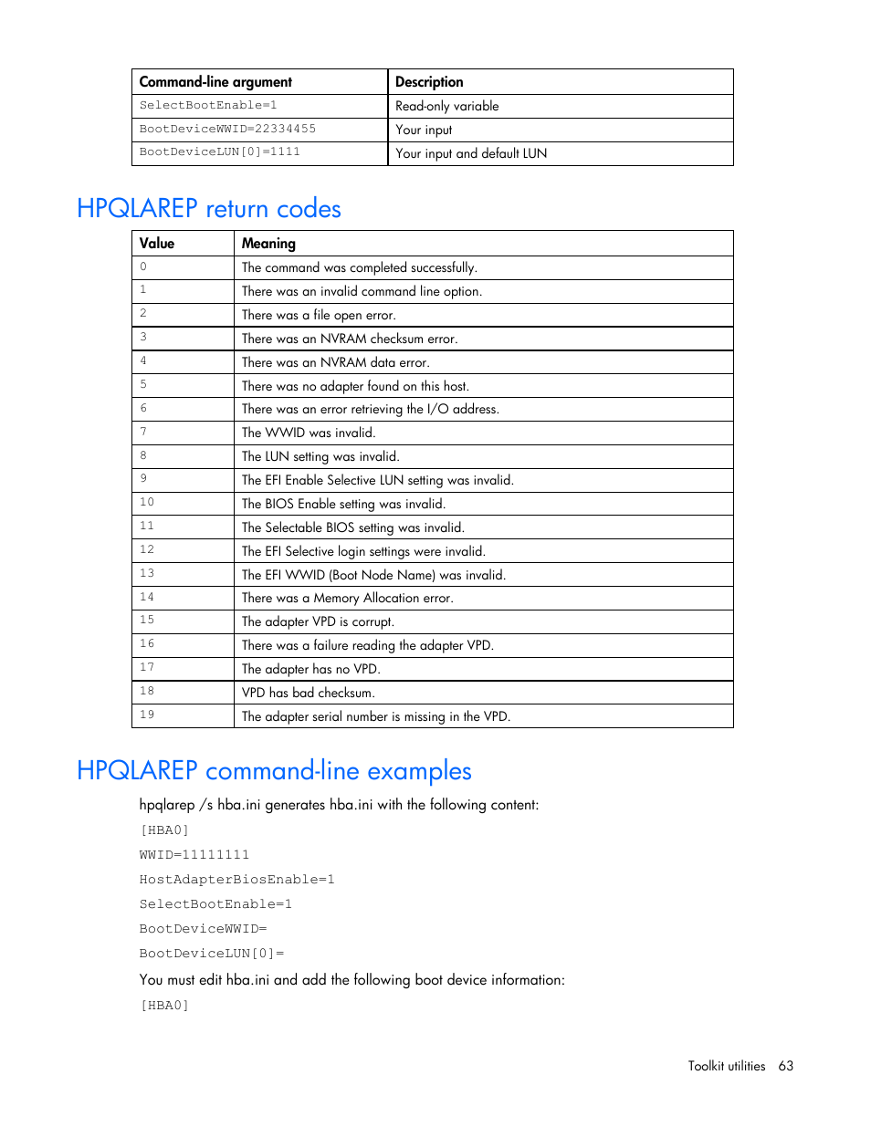 Hpqlarep return codes, Hpqlarep command-line examples | HP Linux Server Management Software User Manual | Page 63 / 74