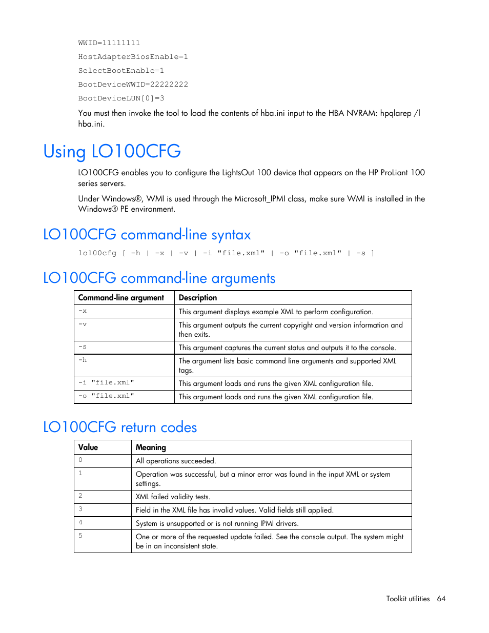 Using lo100cfg, Lo100cfg command-line syntax, Lo100cfg command-line arguments | Lo100cfg return codes | HP Linux Server Management Software User Manual | Page 64 / 74