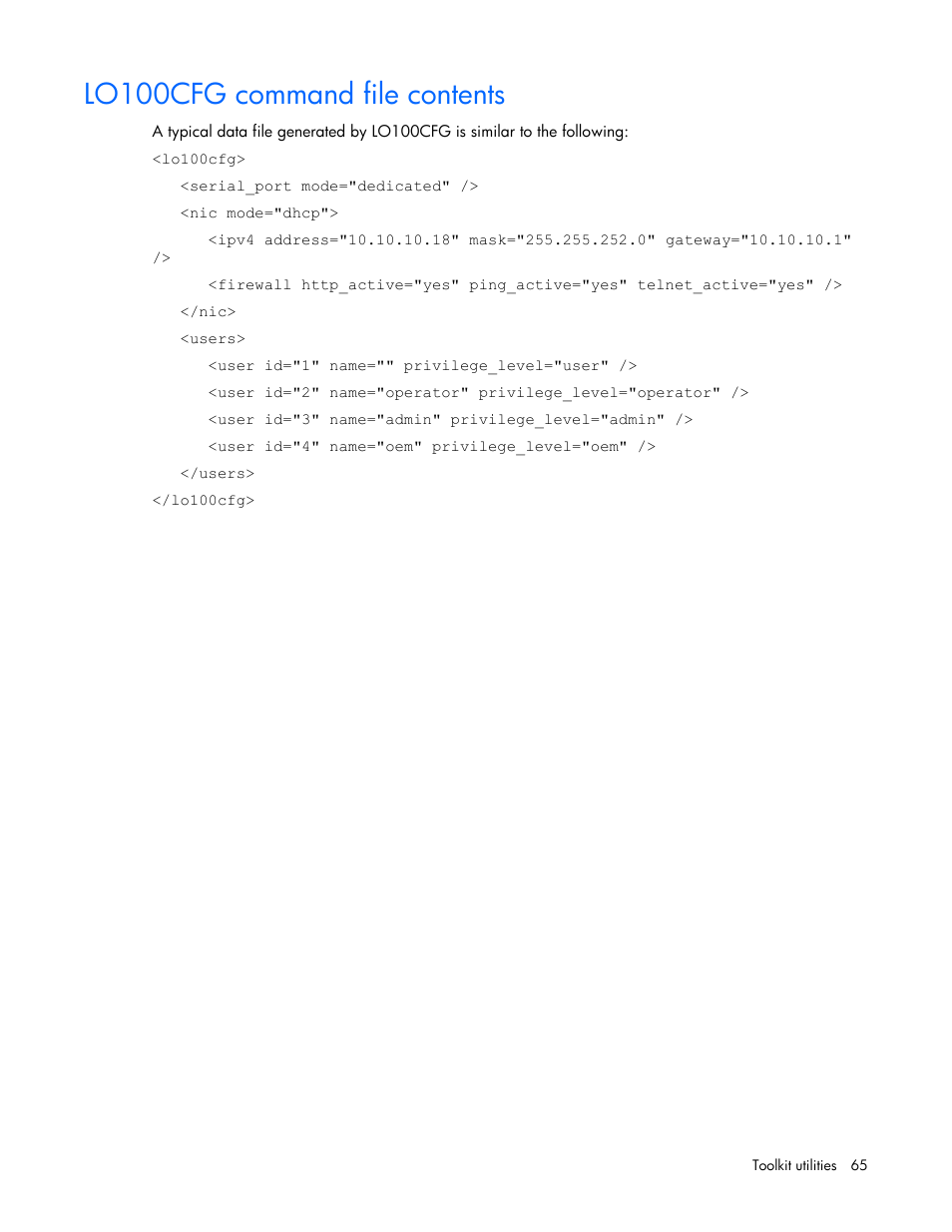 Lo100cfg command file contents | HP Linux Server Management Software User Manual | Page 65 / 74