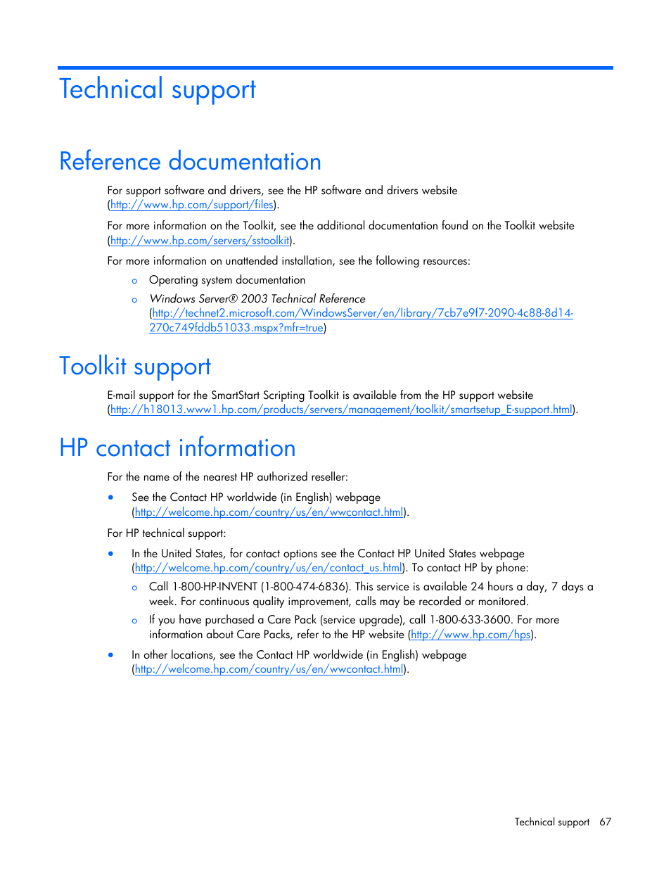 Technical support, Reference documentation, Toolkit support | Hp contact information | HP Linux Server Management Software User Manual | Page 67 / 74