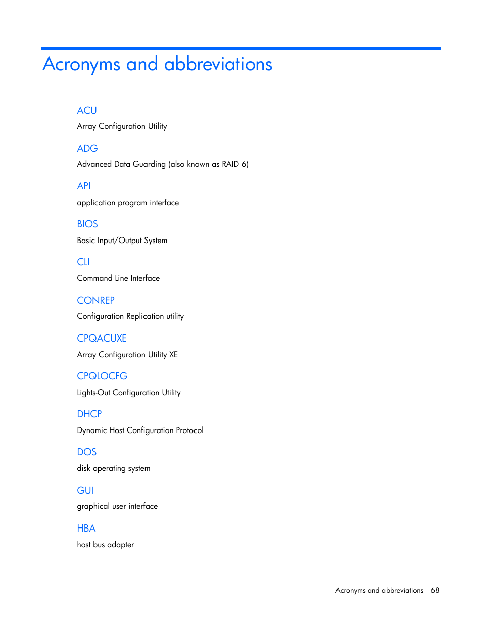 Acronyms and abbreviations, Bios, Conrep | Cpqacuxe, Cpqlocfg, Dhcp | HP Linux Server Management Software User Manual | Page 68 / 74