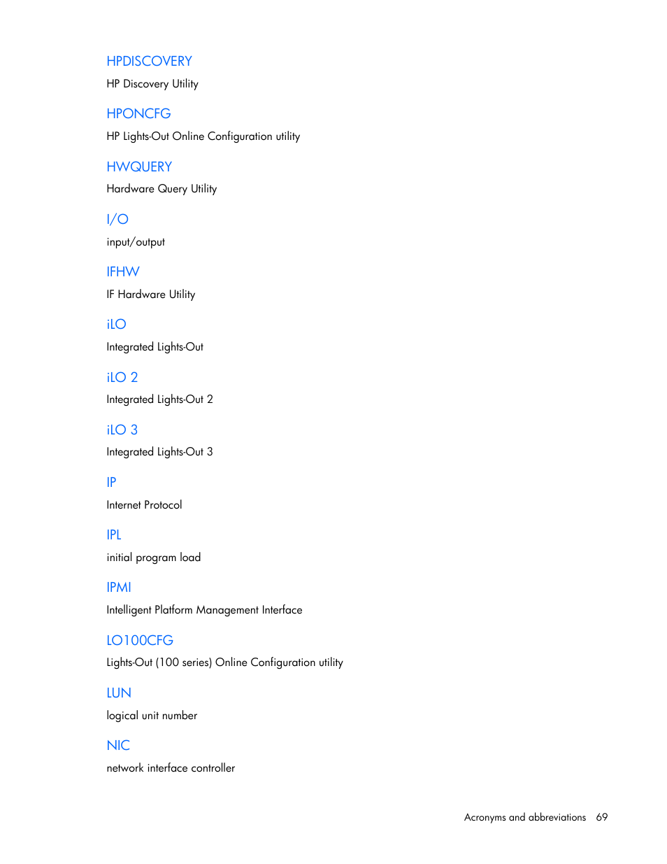 Hpdiscovery, Hponcfg, Hwquery | Ifhw, Ilo 2, Ilo 3, Ipmi, Lo100cfg | HP Linux Server Management Software User Manual | Page 69 / 74