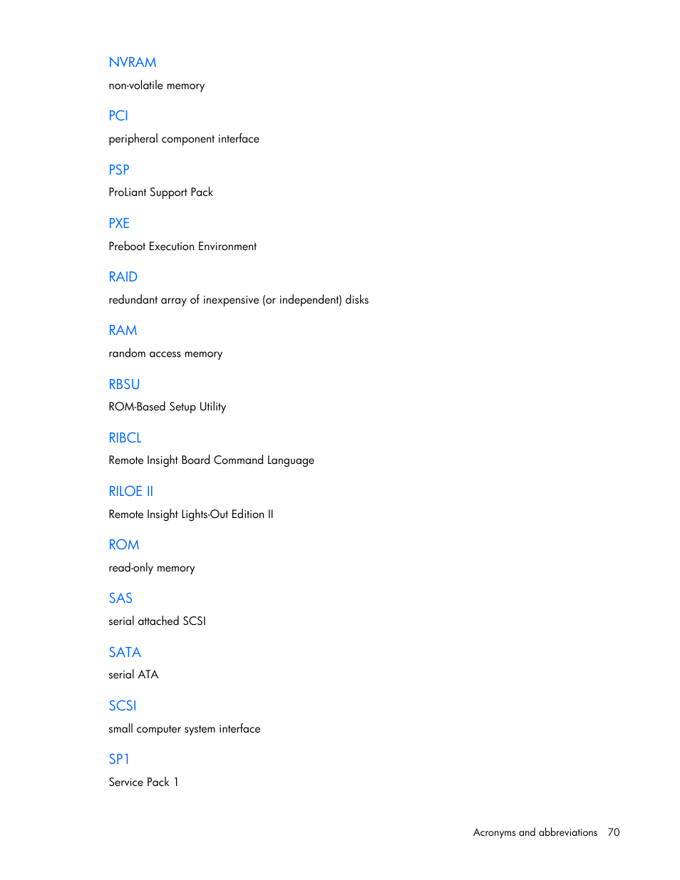 Nvram, Raid, Rbsu | Ribcl, Riloe ii, Sata, Scsi | HP Linux Server Management Software User Manual | Page 70 / 74