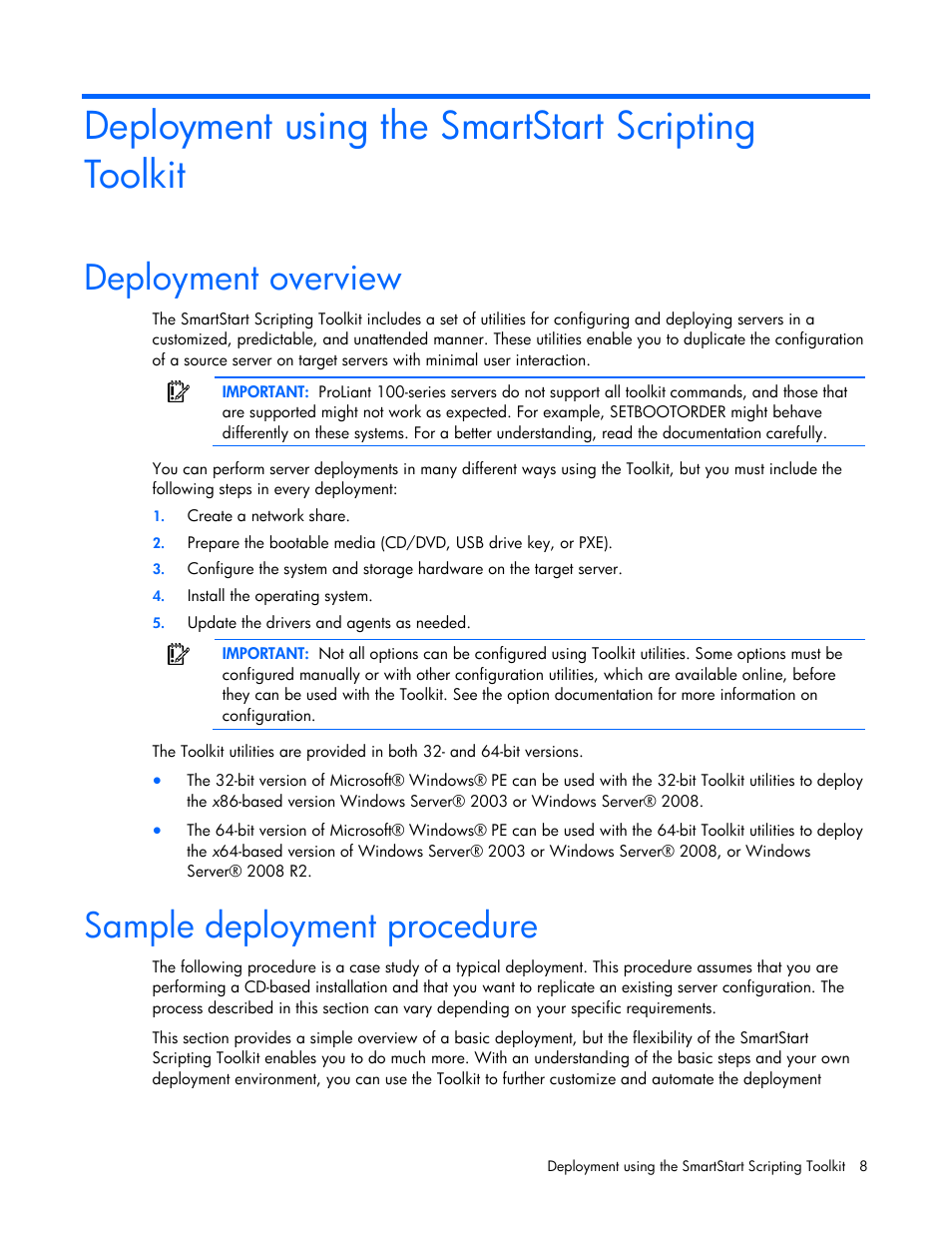 Deployment using the smartstart scripting toolkit, Deployment overview, Sample deployment procedure | Deployment overview sample deployment procedure | HP Linux Server Management Software User Manual | Page 8 / 74