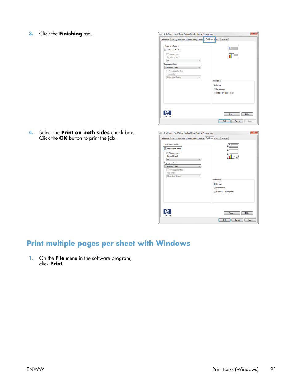 Print multiple pages per sheet with windows | HP Officejet Pro X551 Printer series User Manual | Page 105 / 250