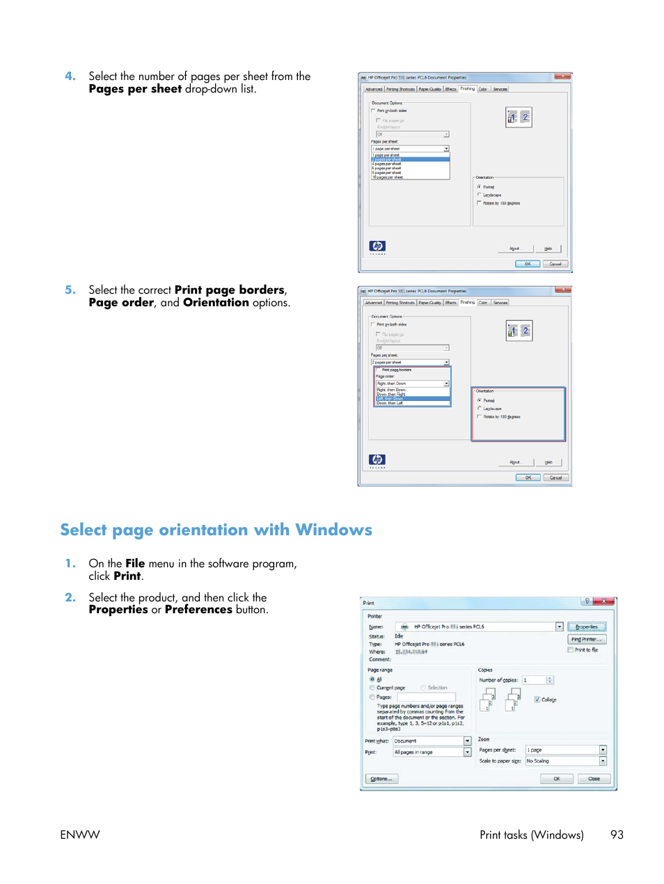 Select page orientation with windows | HP Officejet Pro X551 Printer series User Manual | Page 107 / 250