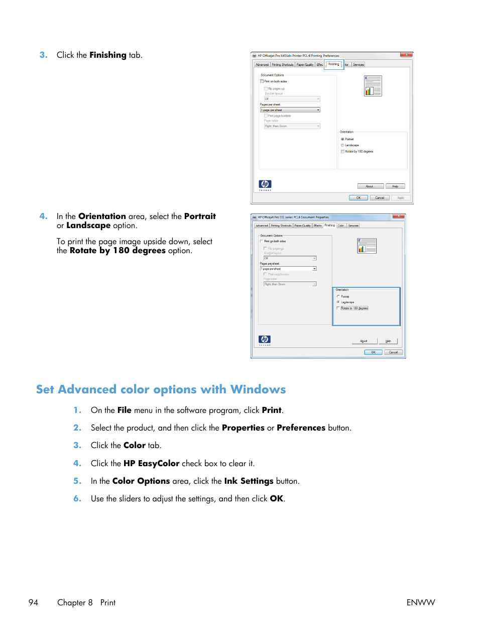 Set advanced color options with windows | HP Officejet Pro X551 Printer series User Manual | Page 108 / 250