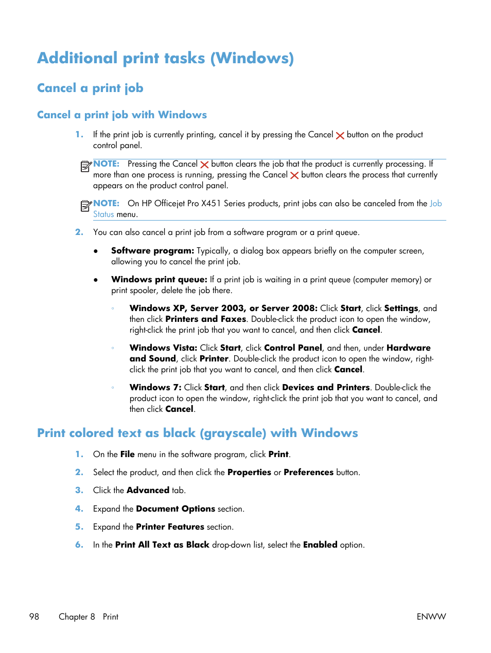 Additional print tasks (windows), Cancel a print job, Cancel a print job with windows | HP Officejet Pro X551 Printer series User Manual | Page 112 / 250