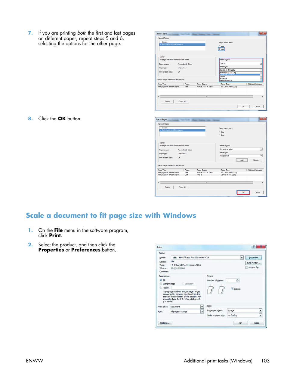 Scale a document to fit page size with windows | HP Officejet Pro X551 Printer series User Manual | Page 117 / 250