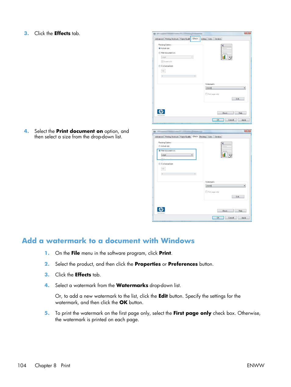 Add a watermark to a document with windows | HP Officejet Pro X551 Printer series User Manual | Page 118 / 250