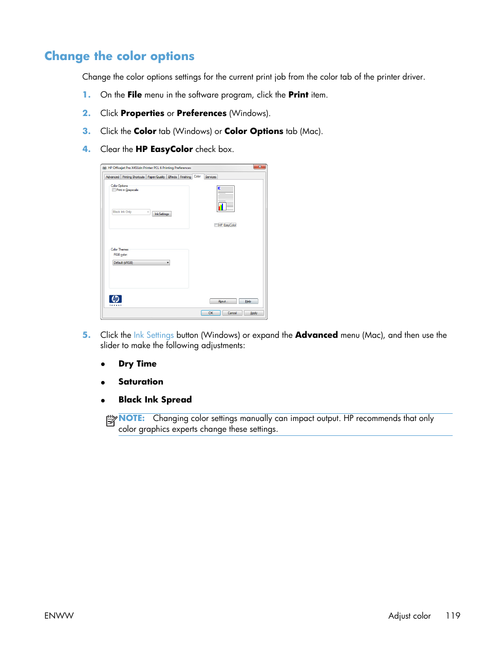 Change the color options | HP Officejet Pro X551 Printer series User Manual | Page 133 / 250