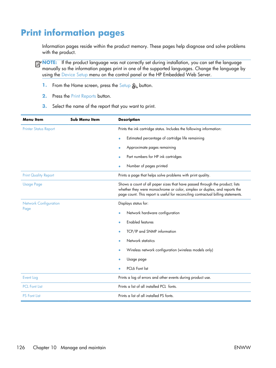 Print information pages | HP Officejet Pro X551 Printer series User Manual | Page 140 / 250