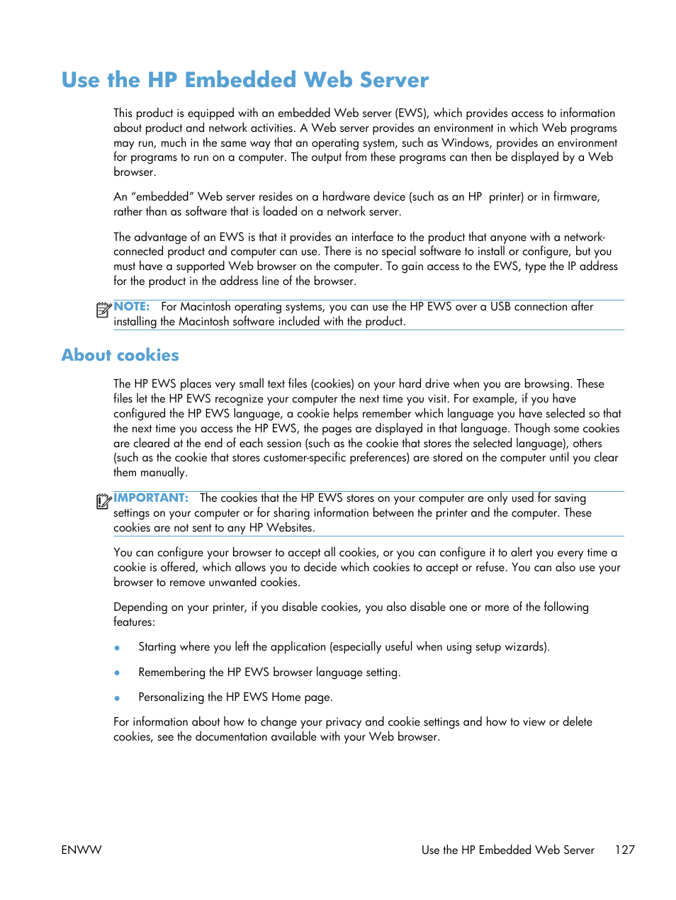 Use the hp embedded web server, About cookies | HP Officejet Pro X551 Printer series User Manual | Page 141 / 250